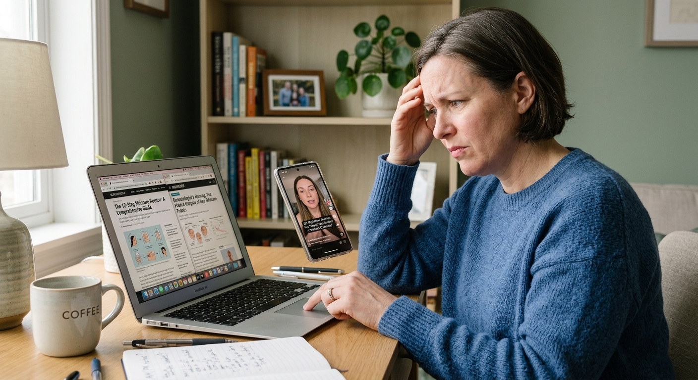 Woman overwhelmed by conflicting advice and too many products